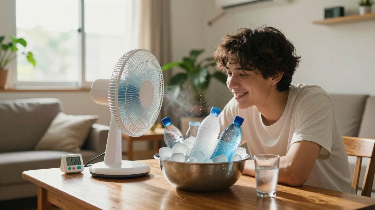 Junger Mann kühlt Wasserflaschen vor einem Ventilator mit Eiswürfeln auf einem Holztisch im Wohnzimmer.