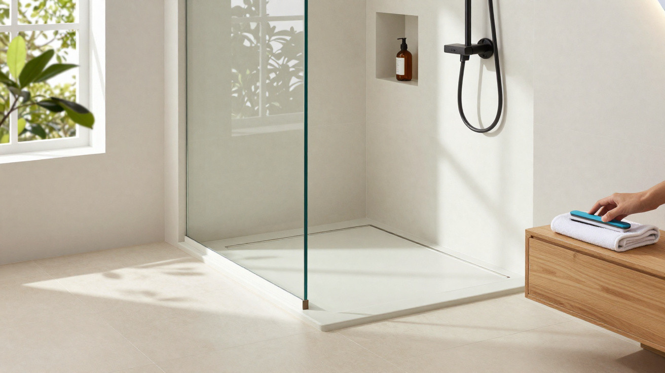 Helles, modernes Badezimmer mit ebenerdiger Dusche, Glasabtrennung und Holzmöbel neben Handtuch.