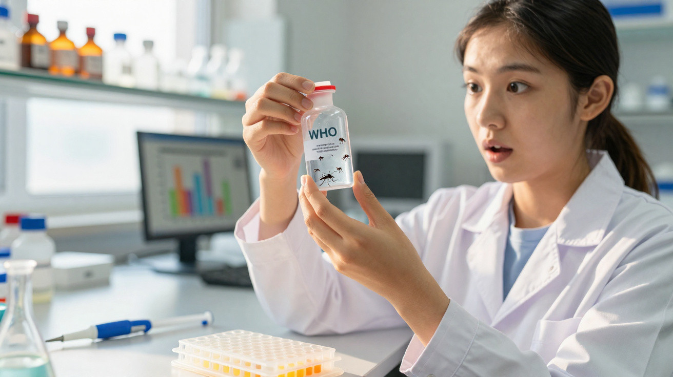 Wissenschaftlerin im Labor untersucht eine Flasche mit der Aufschrift WHO und abgebildeten Mücken.
