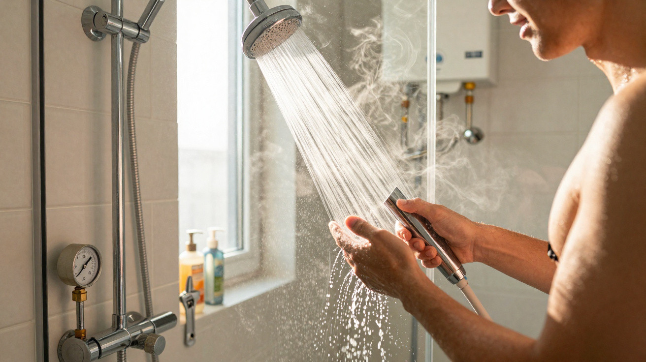 Mann hält Handbrause unter laufendem, warmem Wasser mit Wasserdampf in einer hellen Badezimmerdusche.