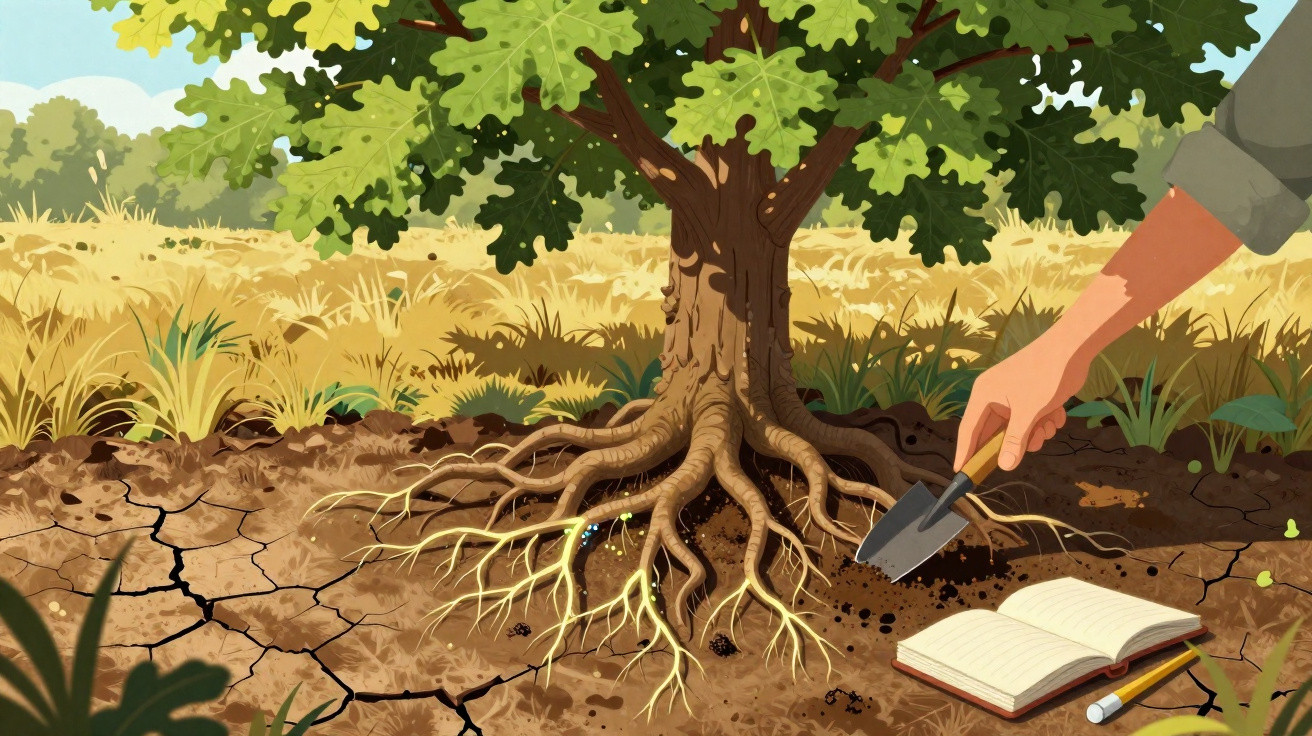 Mensch gräbt mit Handgerät Erdreich bei Baum mit sichtbaren Wurzeln, Buch und Stift liegen daneben.