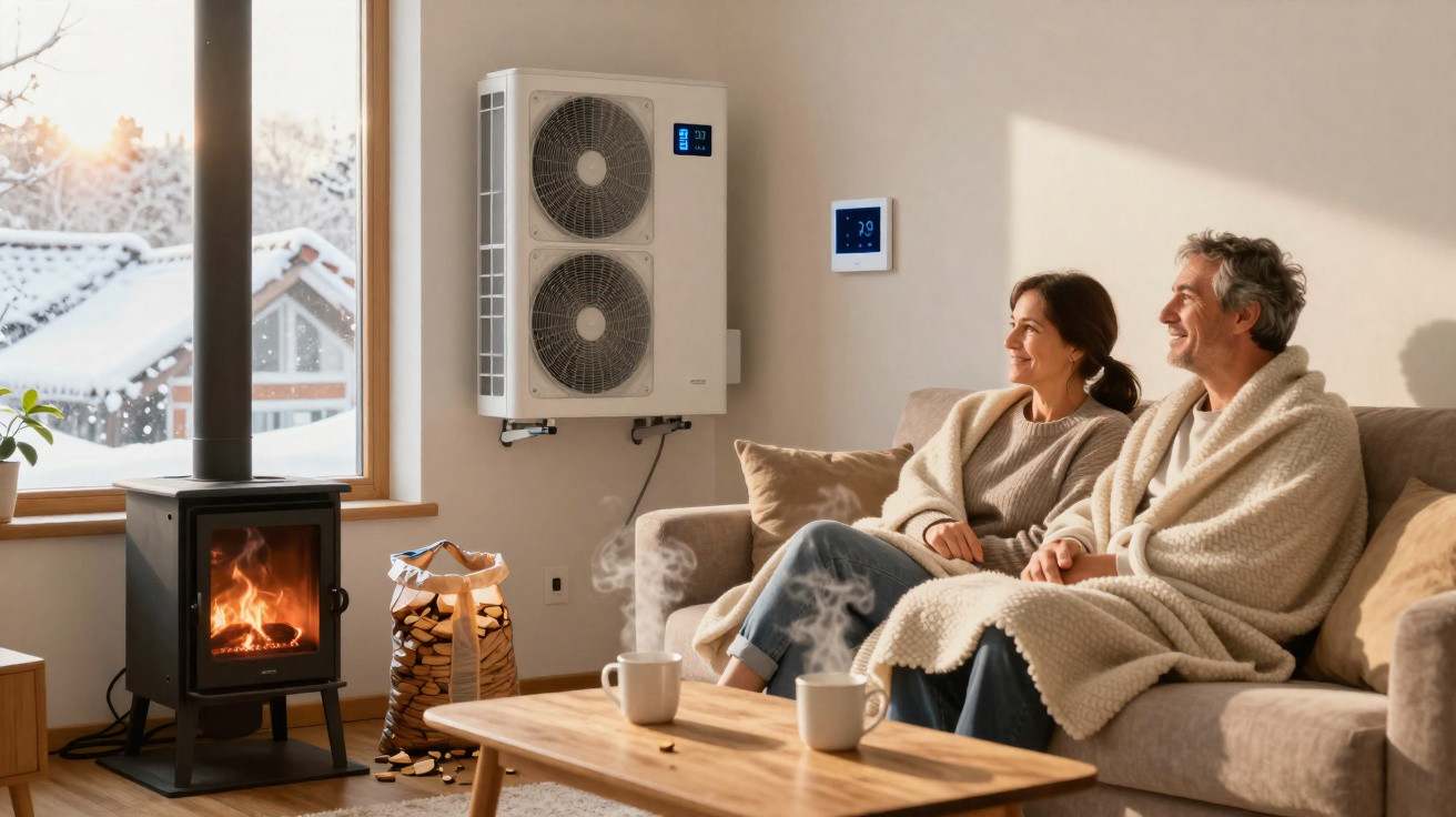 Paar sitzt mit Decken auf Sofa, vor dem Kamin, neben Wärmepumpe an der Wand, draußen Schneelandschaft sichtbar.