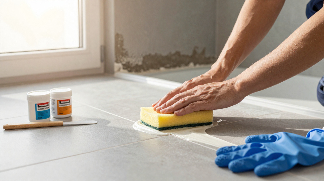 Person arbeitet mit Schwamm, um Fugenmasse auf grauen Bodenfliesen zu glätten, Reinigungsmittel und Handschuhe liegen bereit.
