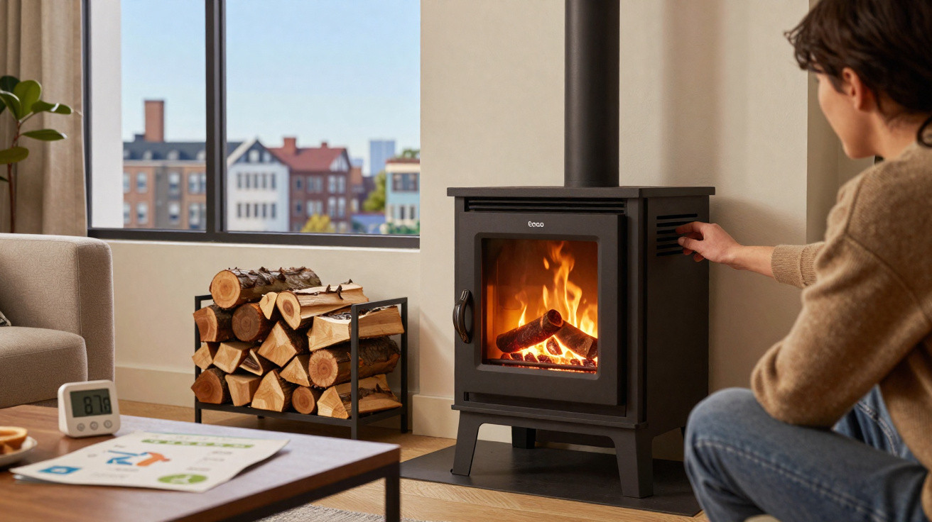 Person stellt Kaminofen in modernem Wohnzimmer mit Holzstapel und Stadtblick ein.