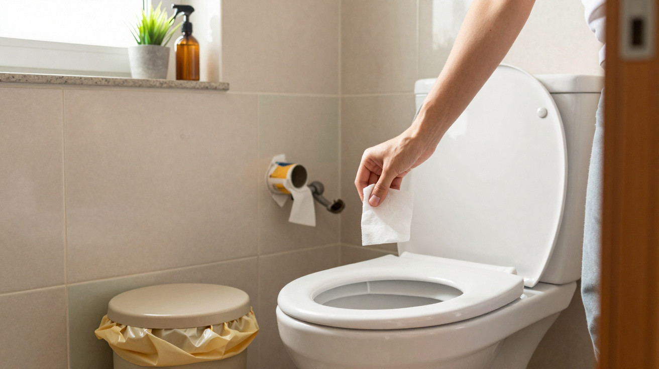 Person wischt Toilettensitz mit feuchtem Tuch in hellem Badezimmer mit Mülleimer und Papierspender ab.