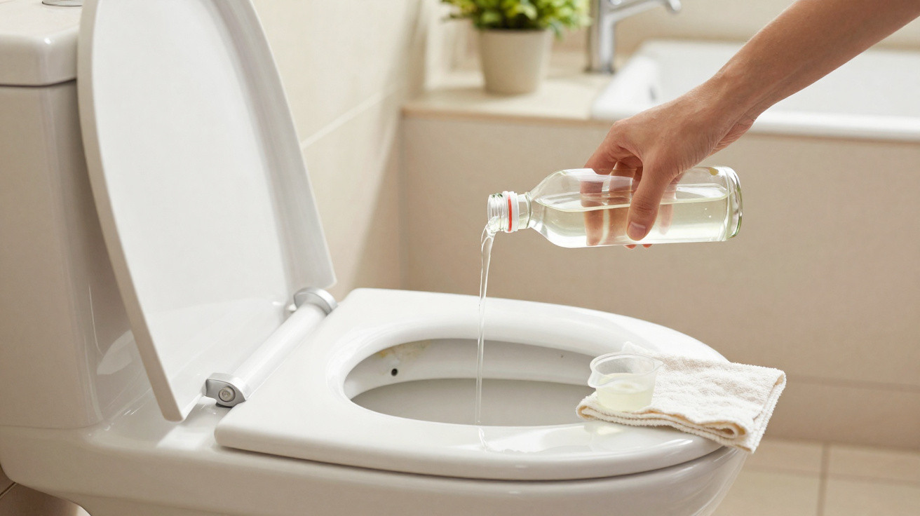 Hand gießt Flüssigkeit aus Glasflasche in Toilette, daneben Handtuch mit kleinem Messbecher im Badezimmer.