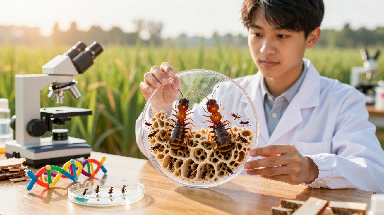 Junger Wissenschaftler im Labor untersucht große Modellameisen und Bienenstöcke auf dem Tisch.