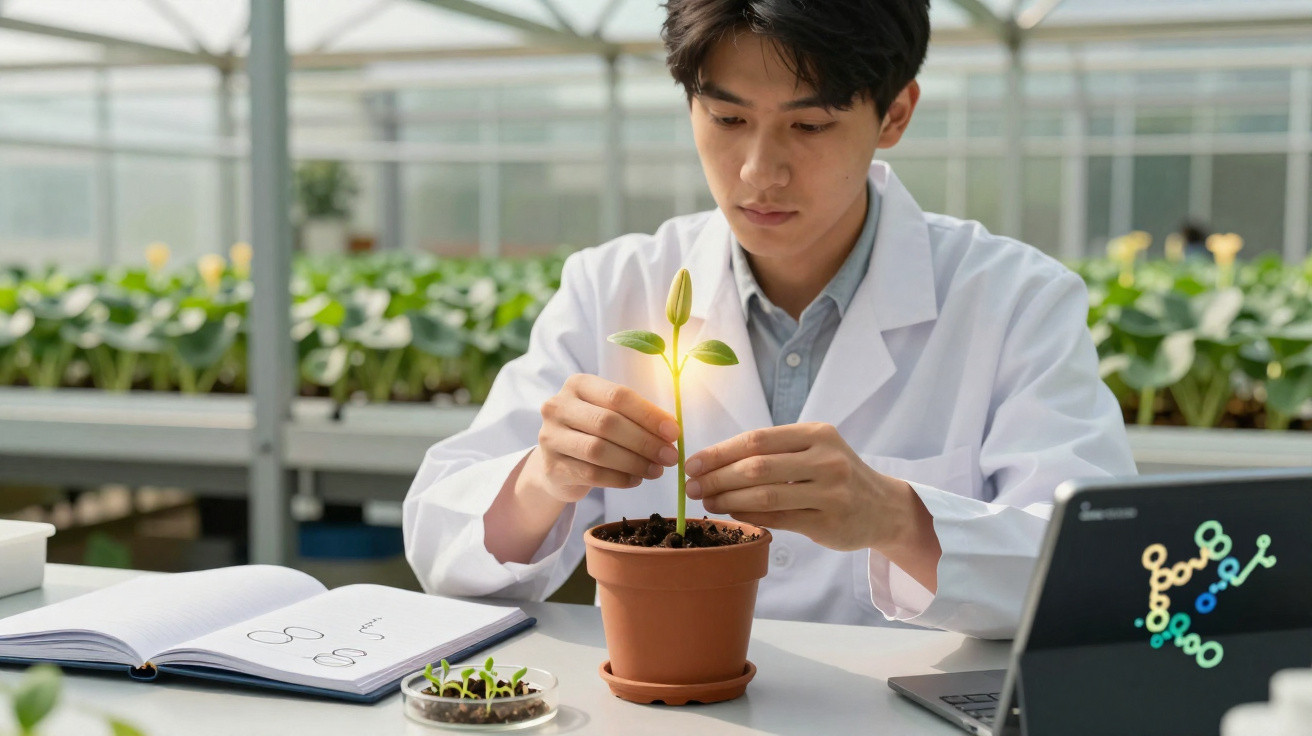 Junger Wissenschaftler im Labor analysiert und pflegt eine Pflanzenkeimling in einem Blumentopf.