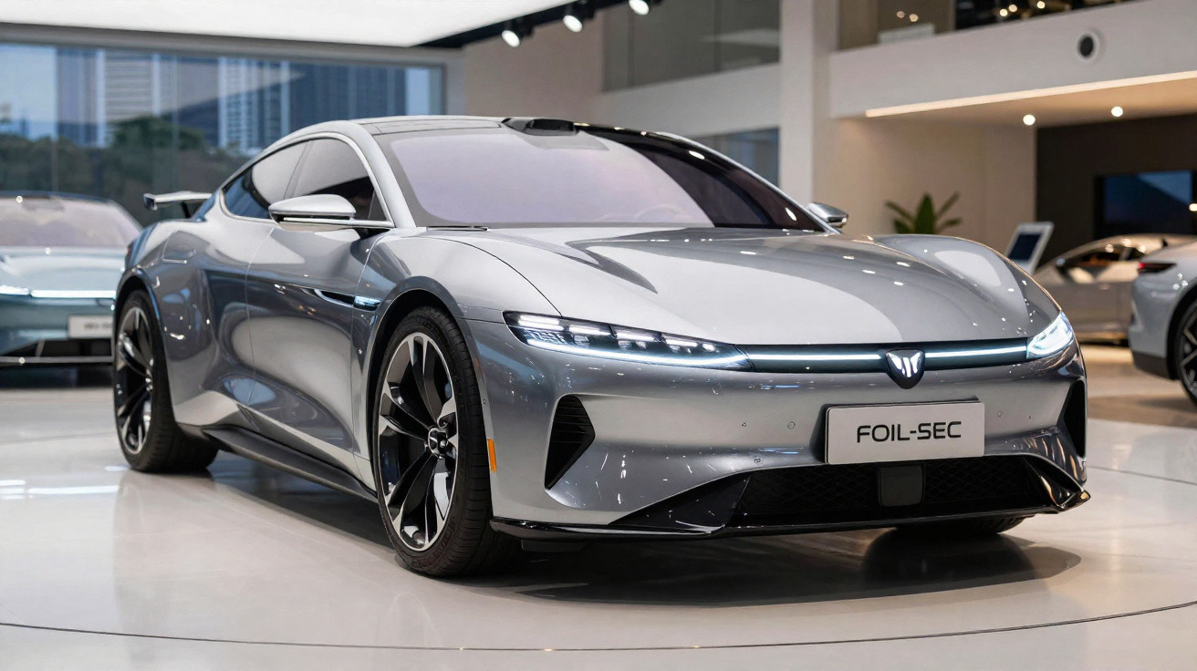 Silberfarbener Elektrosportwagen mit schmalen LED-Scheinwerfern in modernem Autohaus.