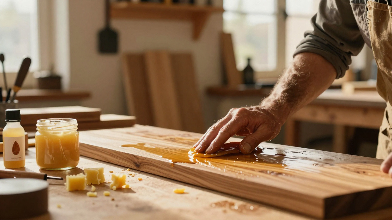 Hand poliert Holzbrett mit Bienenwachs in heller, sonniger Werkstatt.