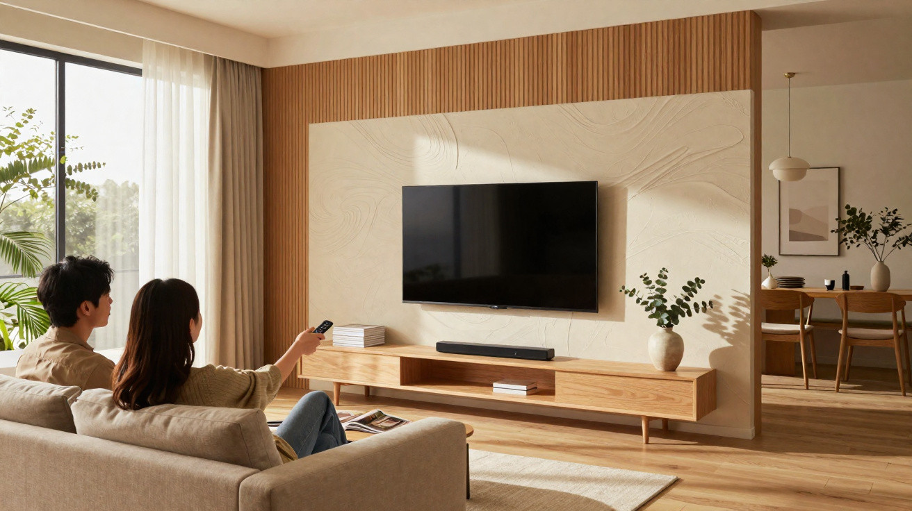 Paar auf Sofa sieht fern in modern gestaltetem Wohnzimmer mit TV, Holzvertäfelung und grünen Pflanzen.