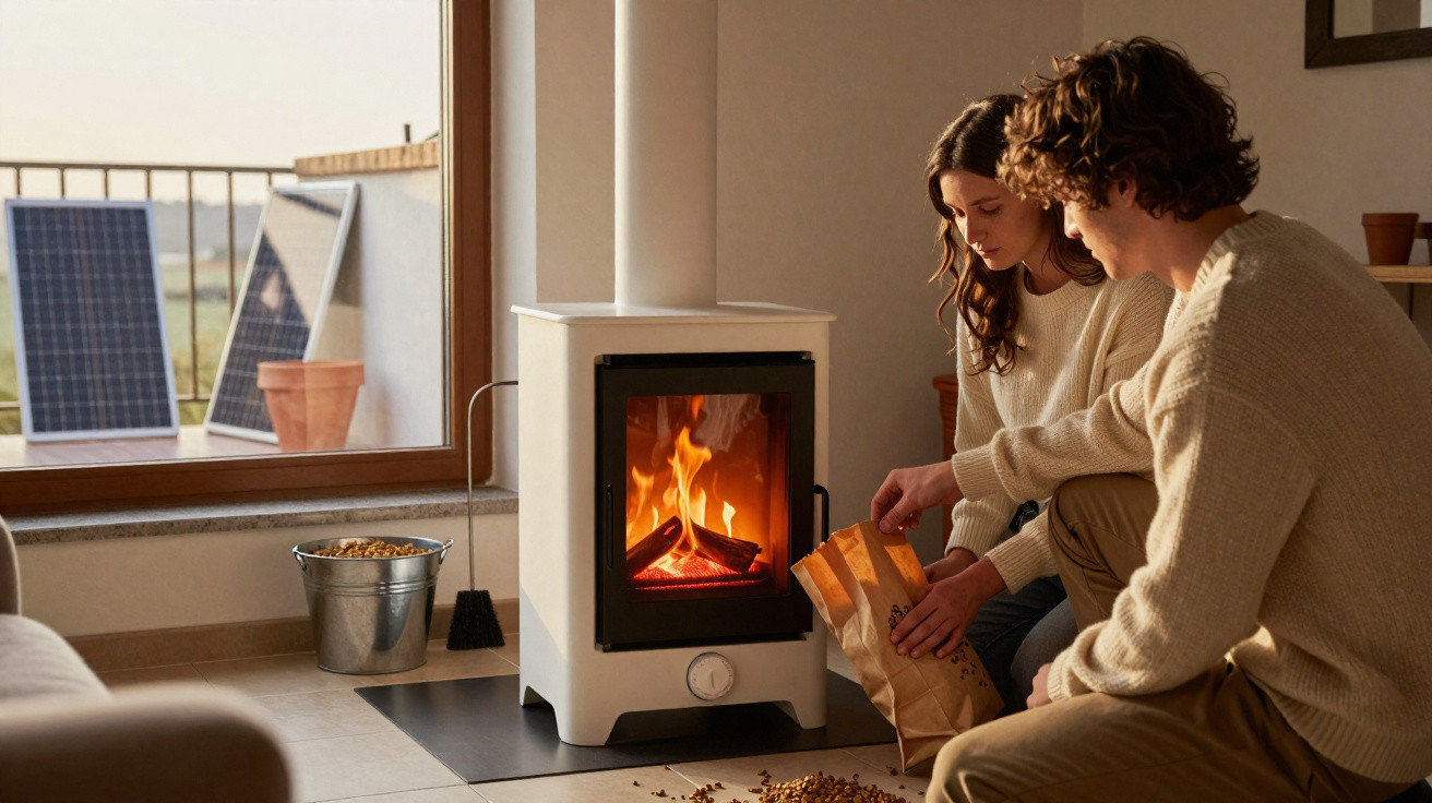Junges Paar füttert Holzofen in gemütlichem, sonnendurchflutetem Wohnzimmer mit Solarpaneelen draußen.