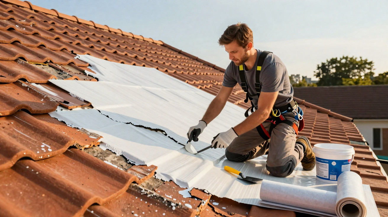 Ein Handwerker bringt Dachabdichtungsfolie auf einem roten Ziegeldach an bei Sonnenschein.