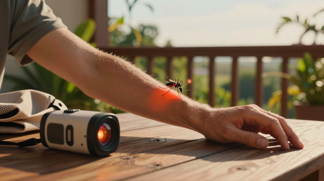 Mücke sticht Arm mit rotem Lichtspot, daneben liegt ein Gerät auf einem Holztisch im Freien.