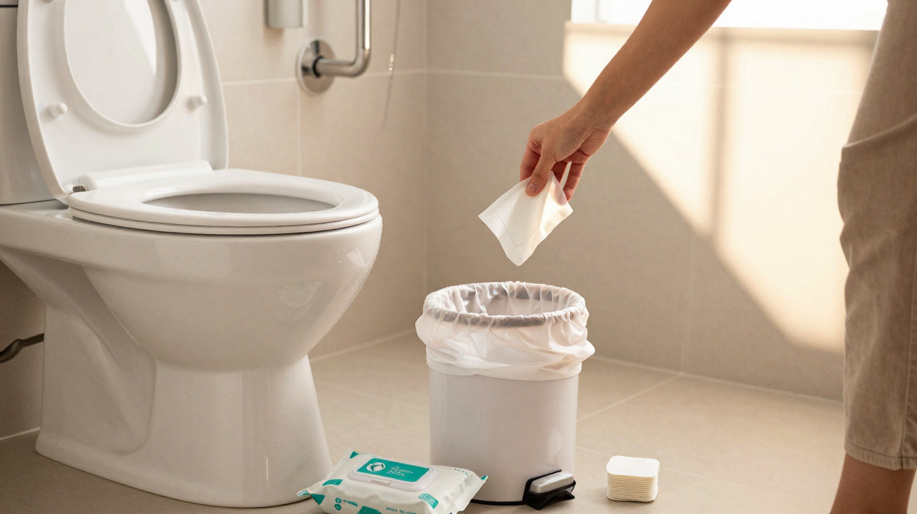 Person wirft gebrauchte Feuchttücher in einen kleinen weißen Mülleimer neben der Toilette in einem hellen Badezimmer.