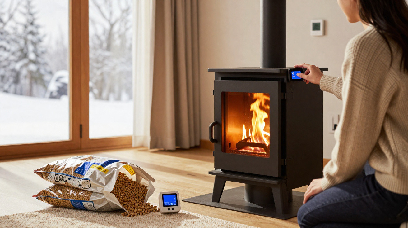 Frau stellt Temperatur an modernem Holzofen mit digitalem Thermostat in gemütlichem Wohnzimmer ein.