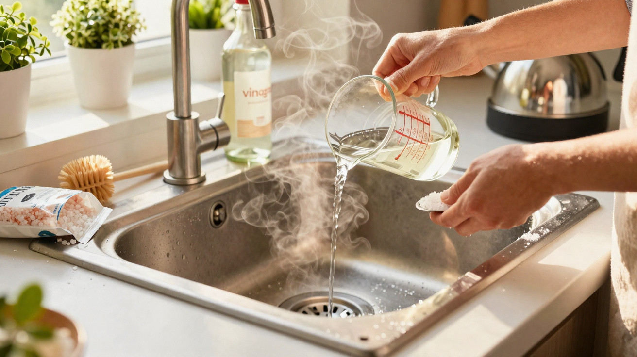 Person gießt heißes Wasser und Salz in die Spüle, Dampf steigt auf, Küchenumgebung mit Pflanzen am Fenster.