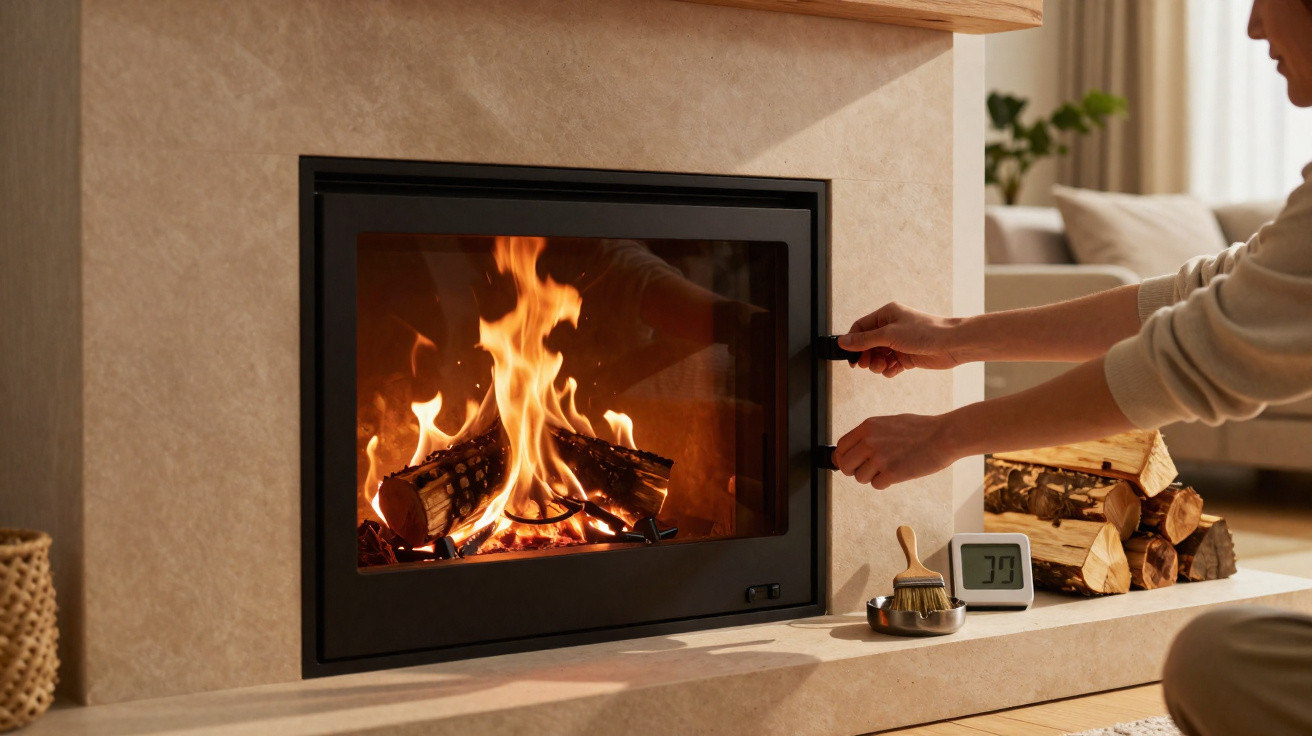 Person öffnet oder schließt einen modernen Kamin mit brennendem Holzfeuer im gemütlichen Wohnzimmer.