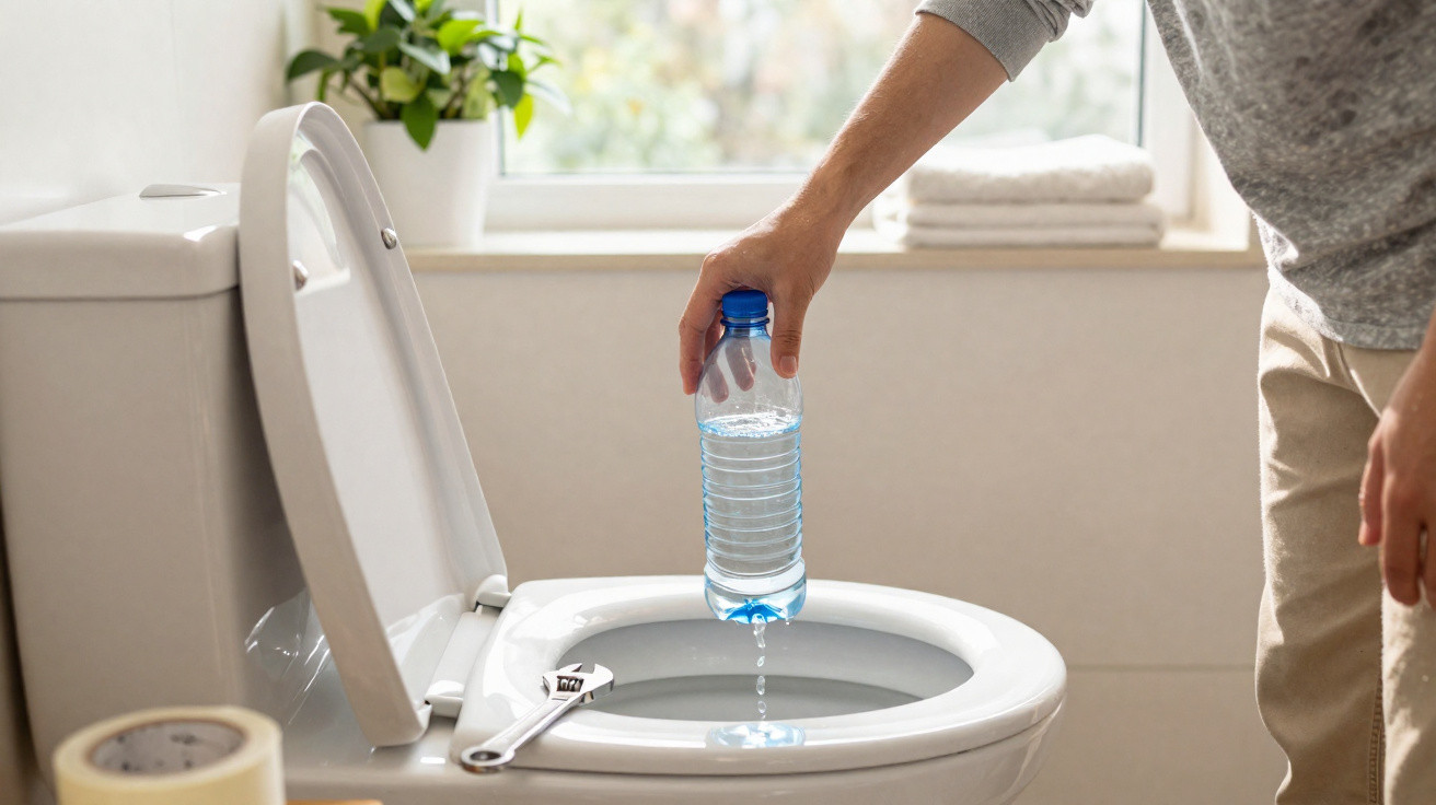 Hand gießt Wasser aus einer Plastikflasche in eine offene Toilettenschüssel im Bad.