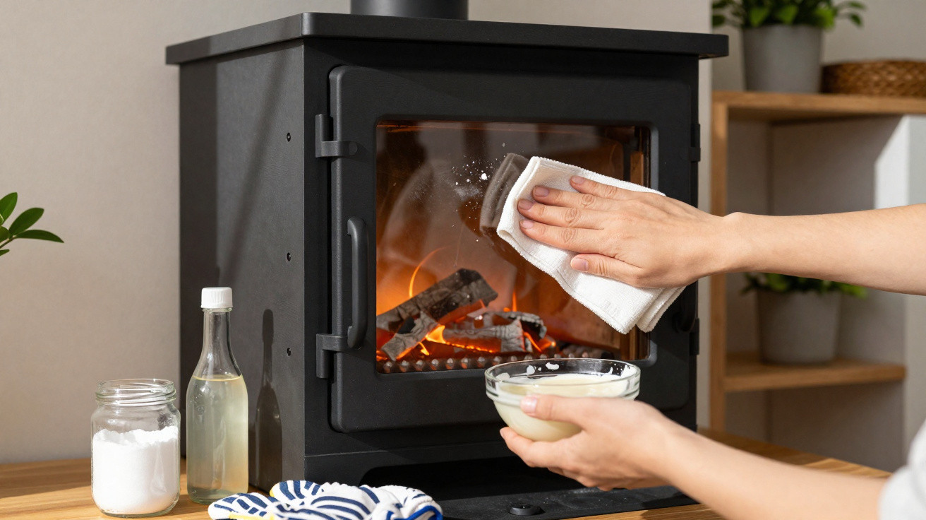 Person reinigt die Glasscheibe eines Holzofens mit einem Tuch vor brennendem Feuer.
