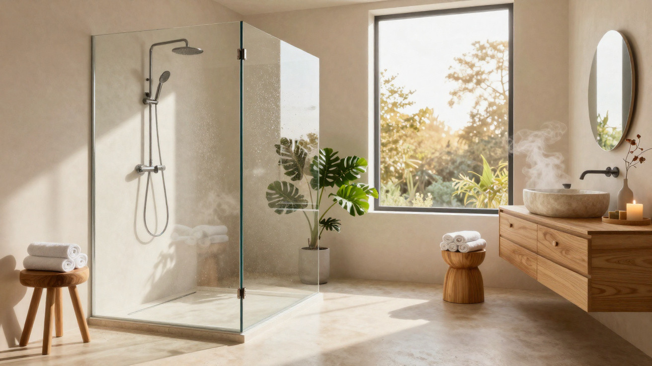 Helles modernes Badezimmer mit Glasdusche, Holzmöbeln, Pflanzen und großem Fenster mit Gartenblick.