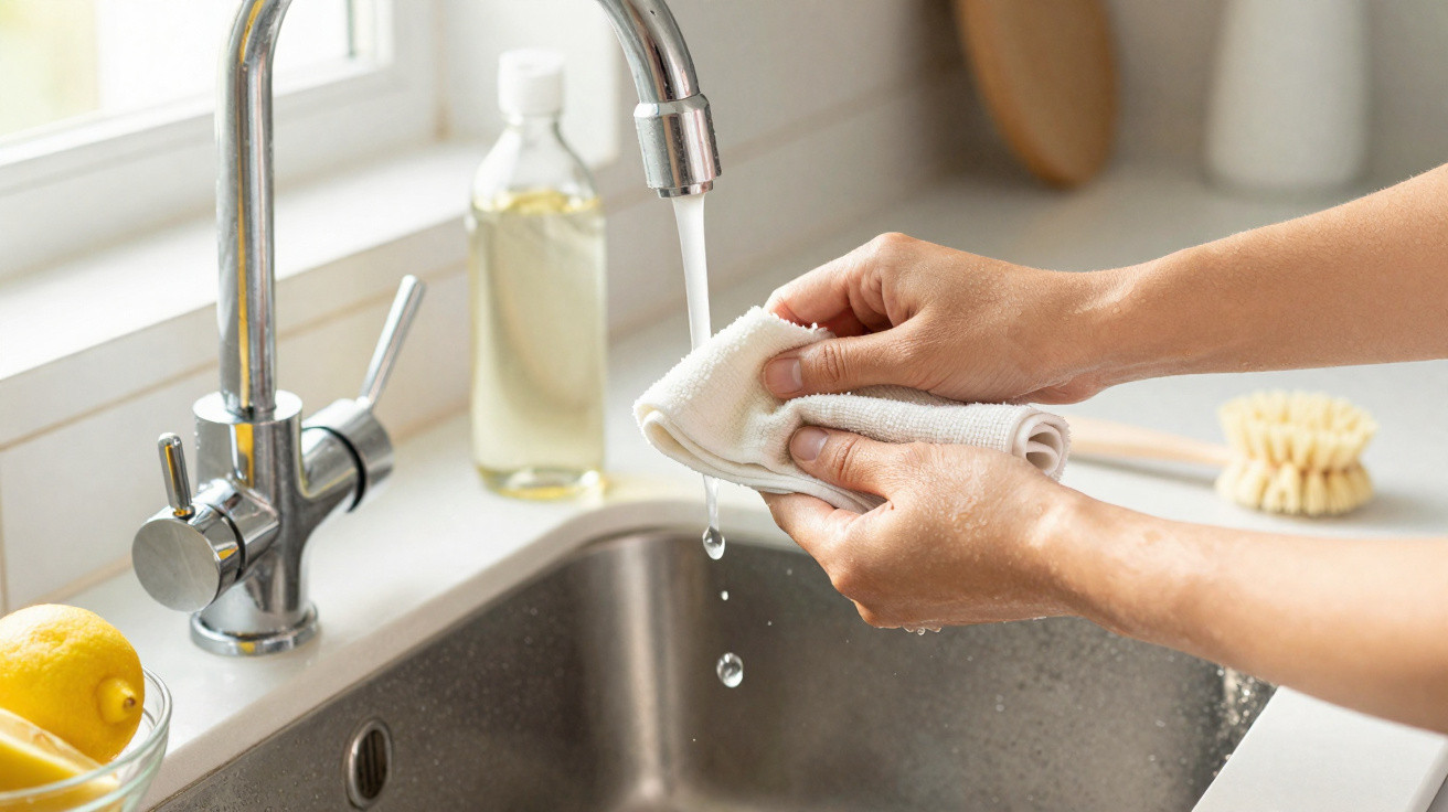 Hände wringen ein nasses weißes Tuch über der Küchenspüle mit laufendem Wasser aus.