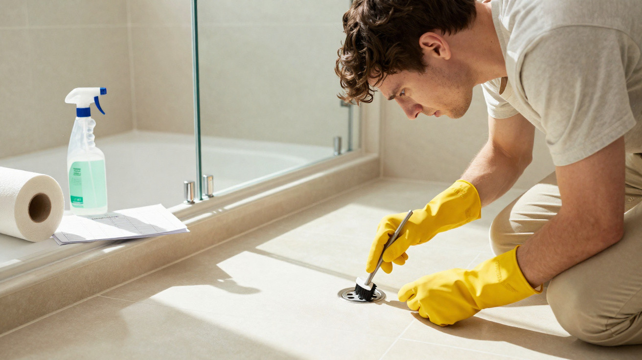 Mann mit gelben Gummihandschuhen reinigt Bodenabfluss im Badezimmer mit einer Bürste.