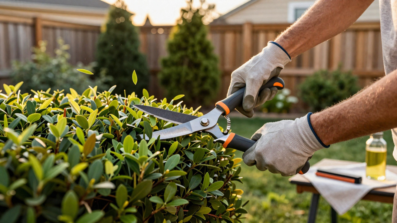 Person mit Handschuhen schneidet mit Heckenschere einen grünen Buchsbaum im Garten.