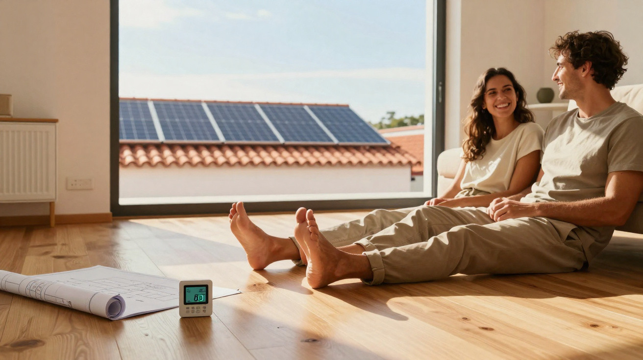 Paar sitzt entspannt auf Holzboden vor Fenster mit Blick auf Hausdach und Solarpanel im Hintergrund.