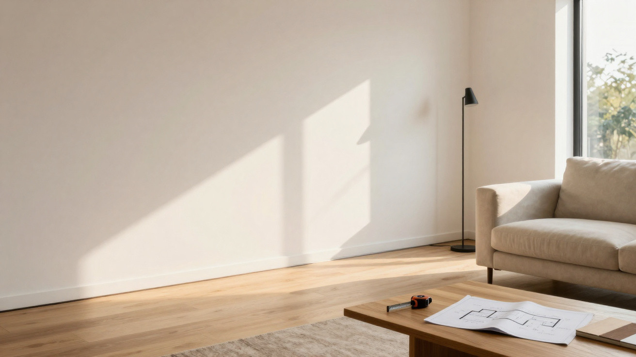 Heller Wohnraum mit Sofa, Stehlampe, Holzboden und einem Tisch mit Bauplänen und Zollstock.