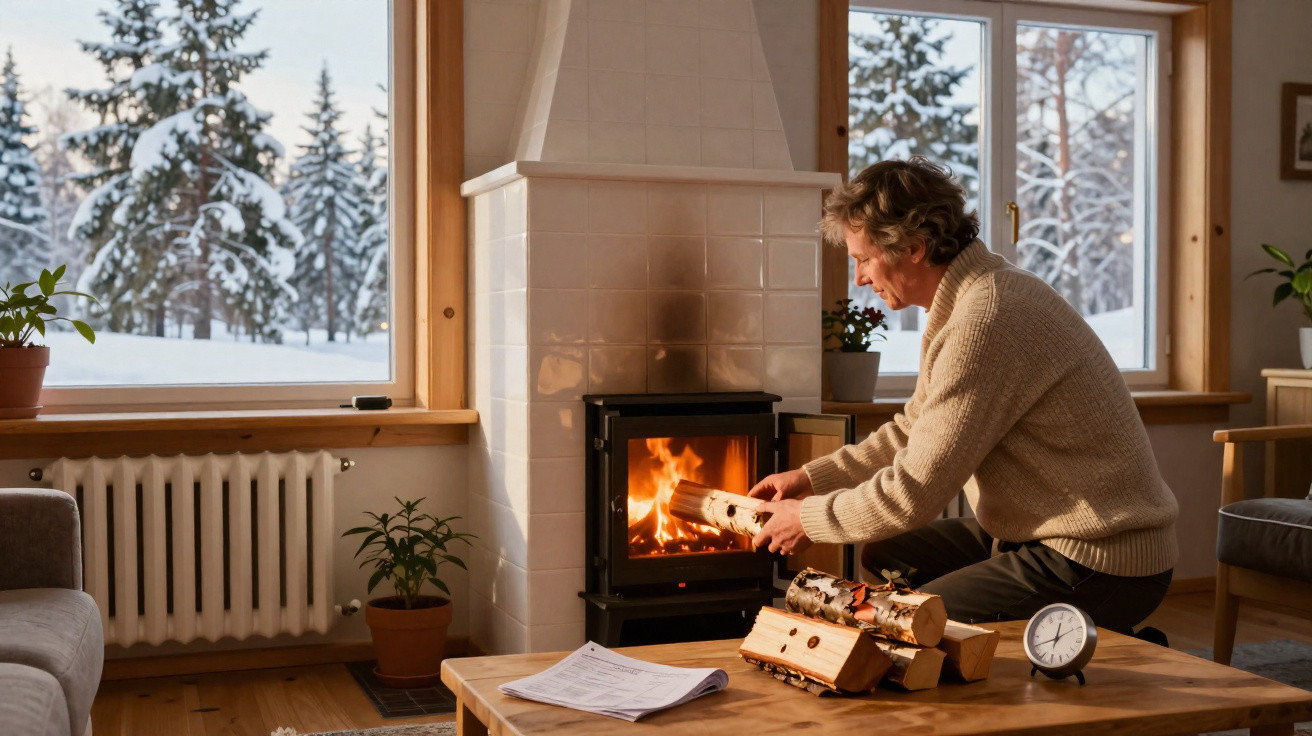 Mann legt Holzscheite in Kamin, gemütliches Wohnzimmer mit winterlicher Schneelandschaft außen.