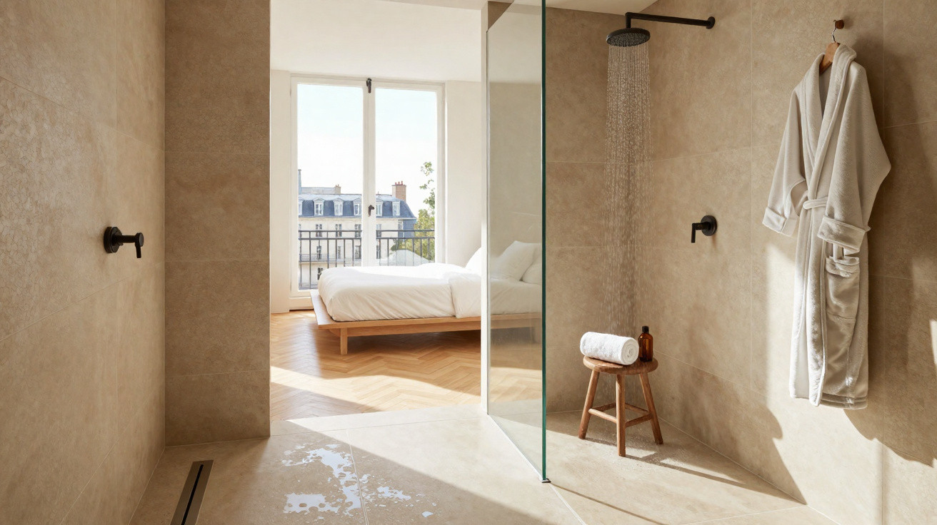 Helles Badezimmer mit offener Dusche, Holzschemel, Handtuch, Bademantel und Blick ins Schlafzimmer.