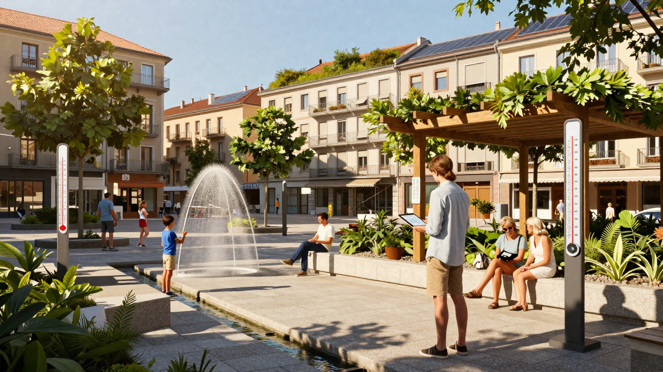Städtischer Platz mit Springbrunnen, thermometrischer Messsäule, Sitzbereichen und Menschen bei Sonnenschein.