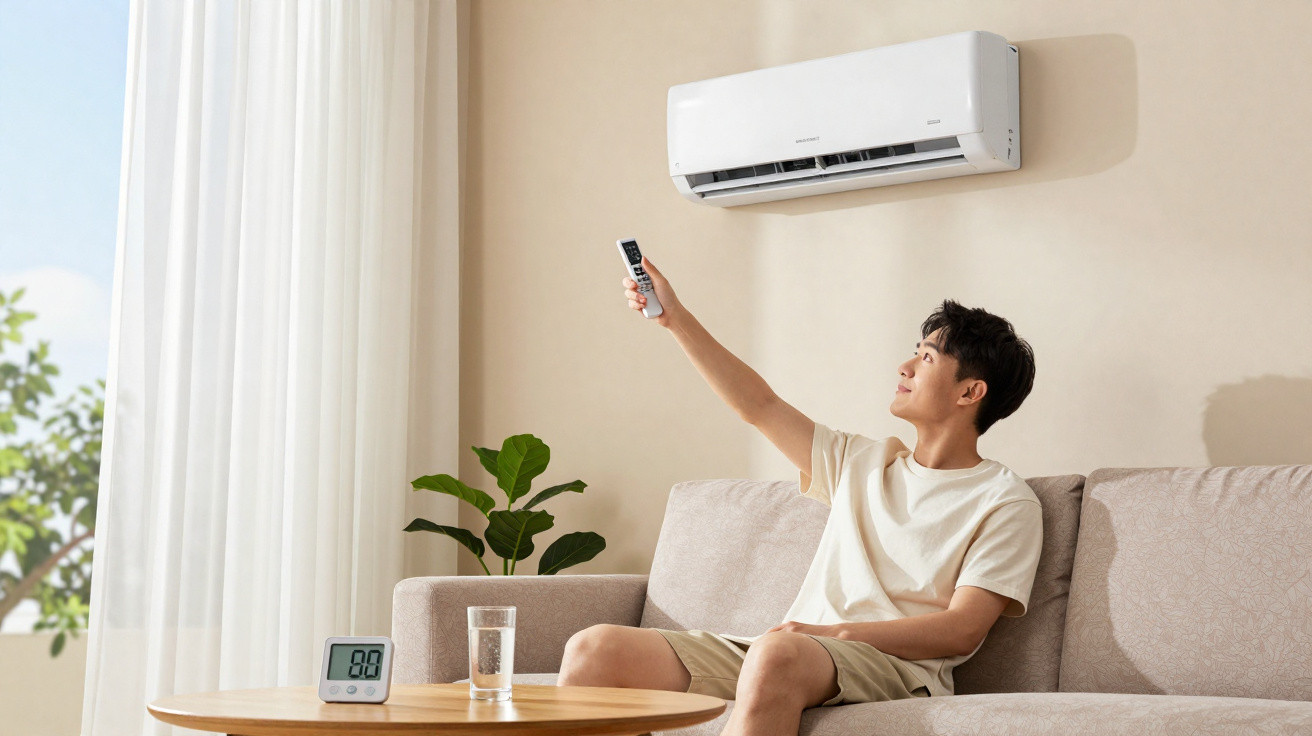 Junger Mann sitzt auf Sofa und bedient mit Fernbedienung eine Wandklimaanlage im Wohnzimmer.