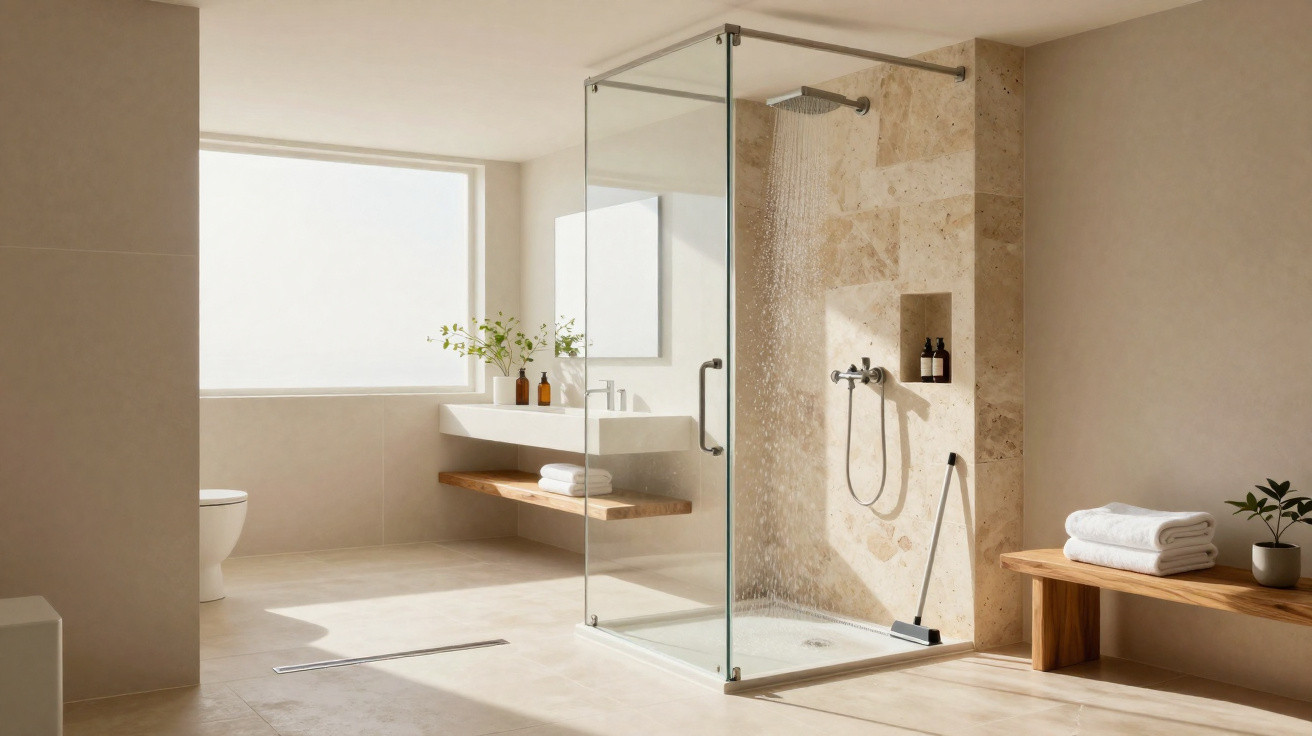 Helles, modernes Badezimmer mit bodentiefer Dusche, Holzablagen, großen Fenstern und natürlichen Deko-Elementen.