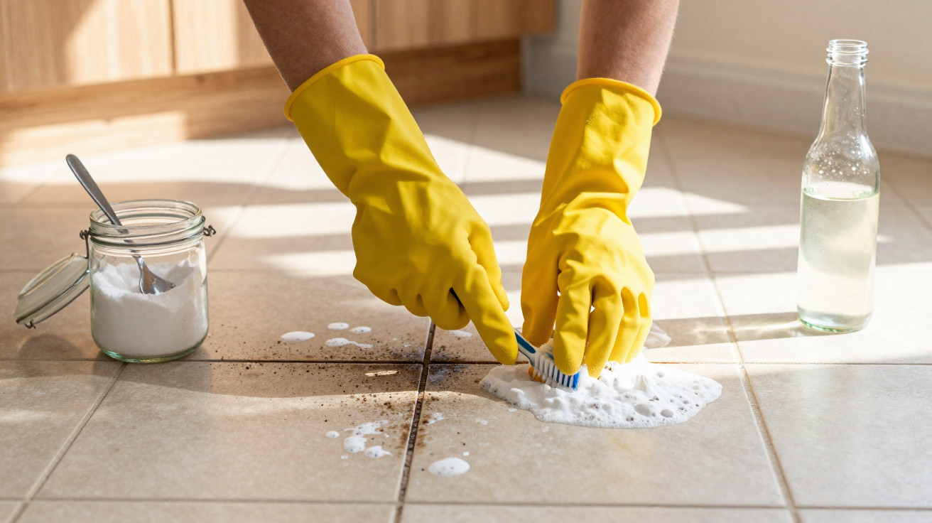 Person mit gelben Handschuhen reinigt schmutzige Fliesenfugen mit Zahnbürste, Backpulver und Essig.