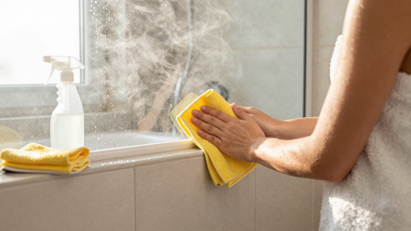 Person wischt beschlagene Duschwand mit gelbem Mikrofasertuch im Badezimmer sauber.