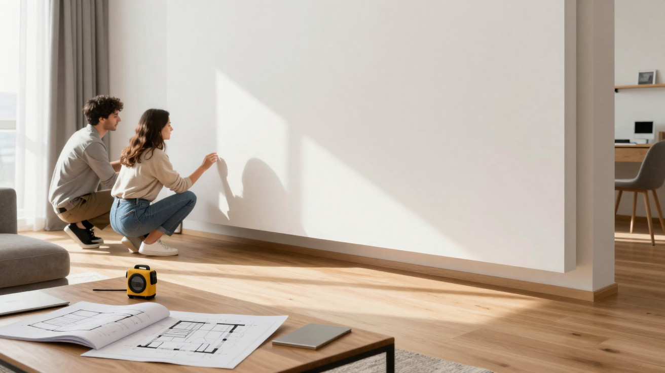 Junges Paar betrachtet und plant gemeinsam eine helle Wand in einer modernen Wohnung mit Holzfußboden.