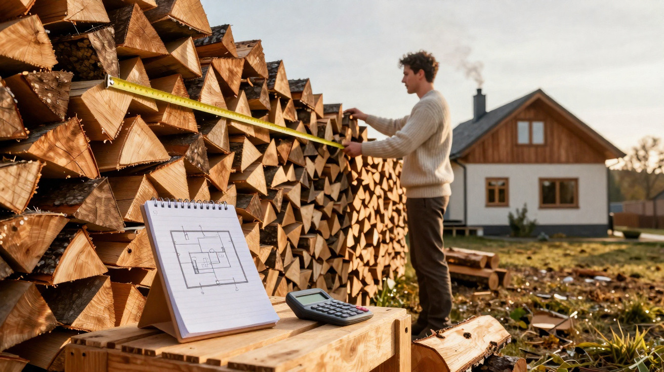 Mann misst Kaminholzstapel mit Bandmaß vor Holzhaus, Skizze und Taschenrechner auf Holztisch im Vordergrund.