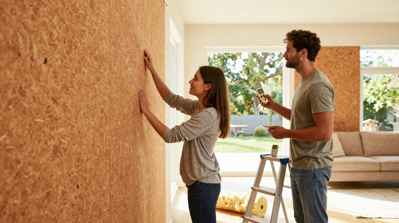 Junges Paar tapeziert eine Wand mit Holzplatten in einem hellen, modern eingerichteten Wohnzimmer.