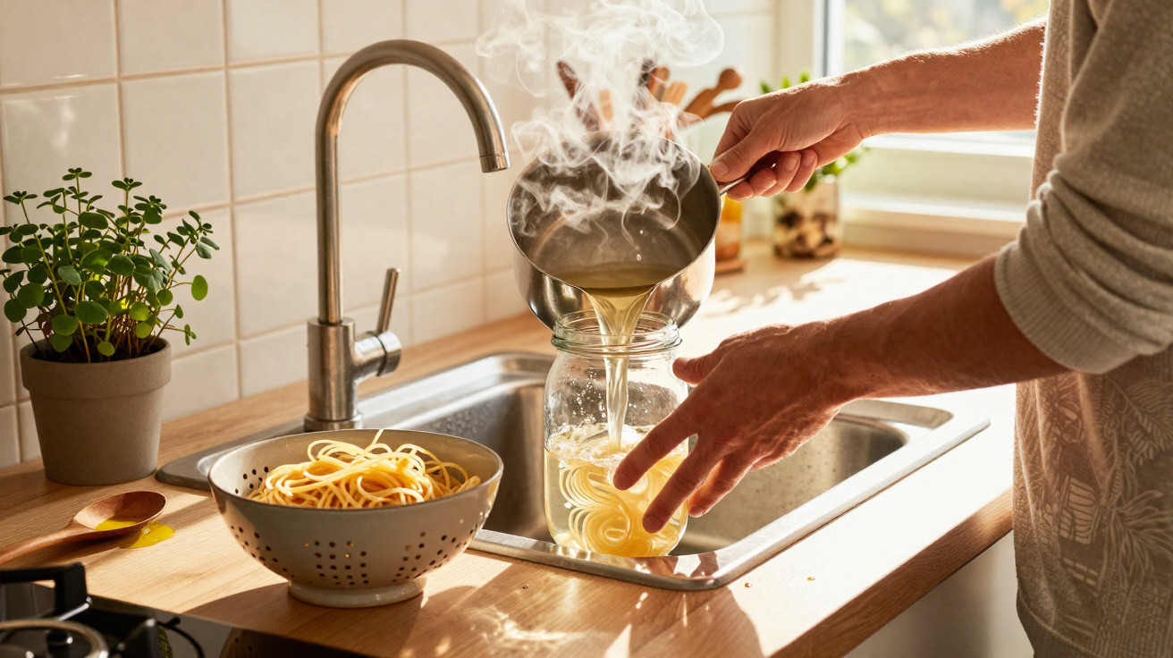 Person gießt dampfendes Nudelwasser aus einem Topf in ein Glas über der Küchenspüle, daneben eine Schüssel mit Spaghetti.