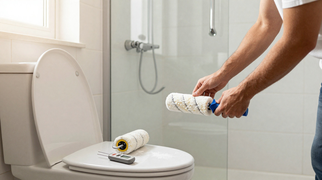 Person hält Farbroller in modernem Badezimmer mit Toilette und Dusche im Hintergrund.