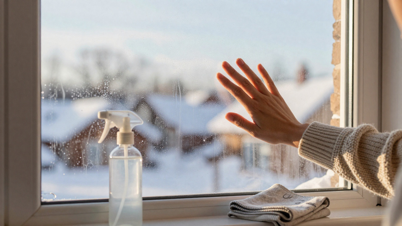 Hand berührt ein Fenster mit Schneelandschaft draußen, daneben Reinigungsspray und Tuch auf der Fensterbank.