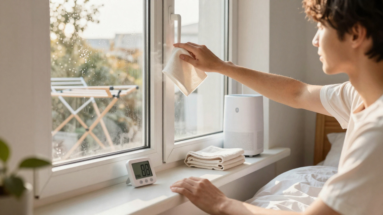 Person wischt mit Tuch ein Fenster von innen an einem sonnigen Tag sauber, Luftreiniger auf Fensterbank.