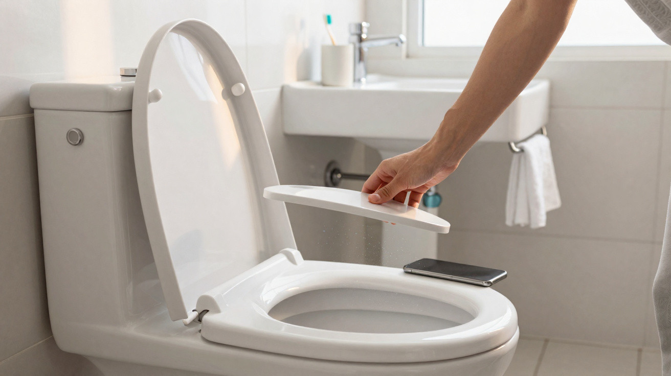 Hand hebt Toilettensitz im hellen Badezimmer mit Smartphone neben der Toilette auf dem Sitz gelegen.