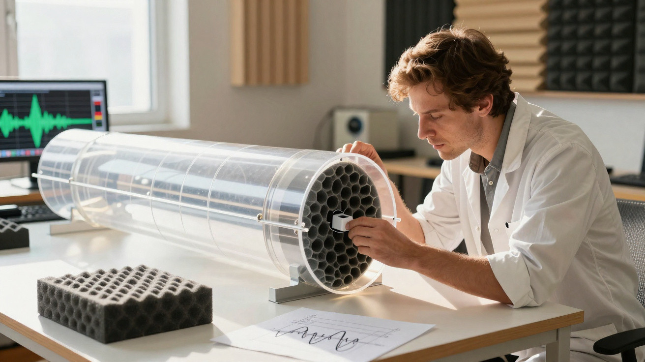 Wissenschaftler untersucht akustisches Rohrmodell mit Wabenstruktur im Labor für Schallforschung.