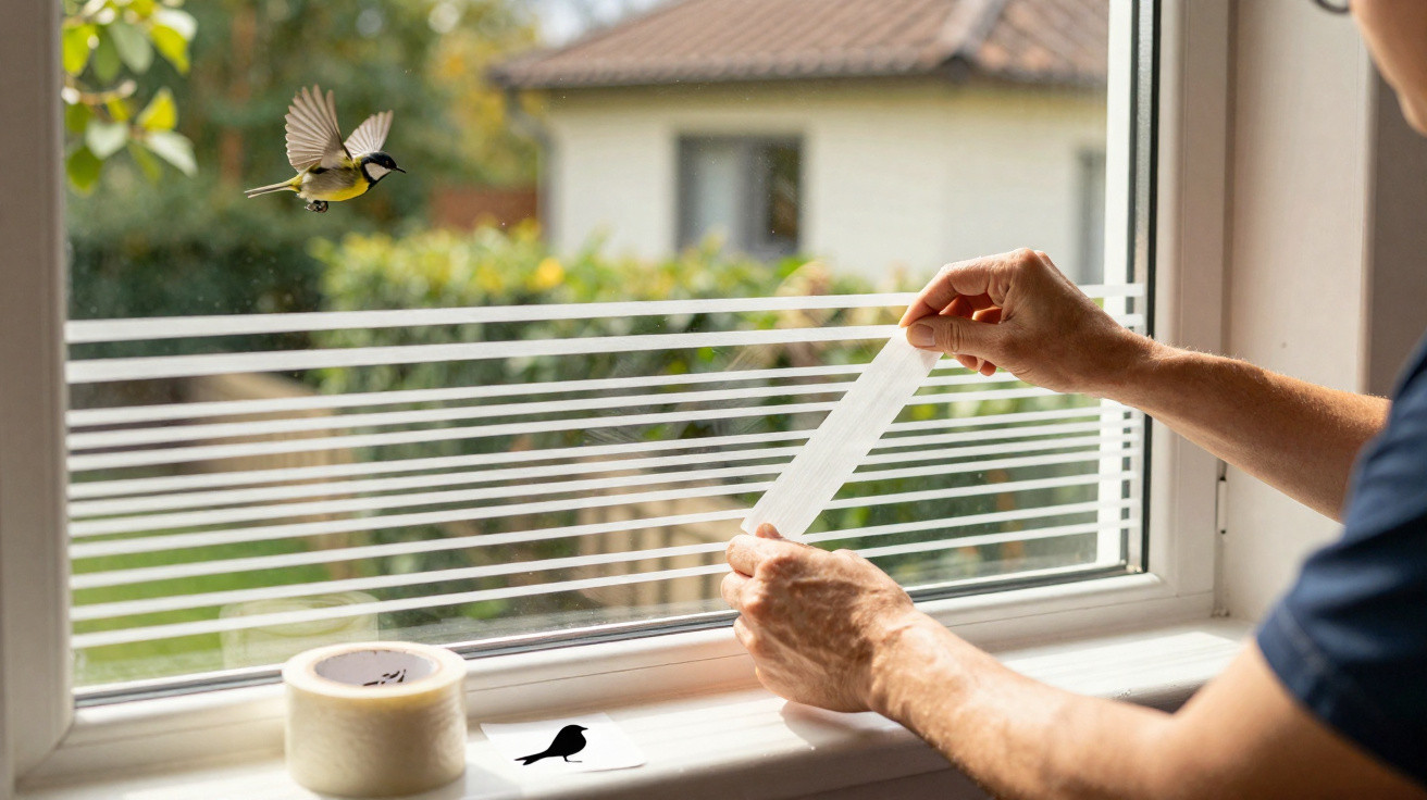 Person bringt Streifenaufkleber an einem Fenster an, um Vögel vor einem Zusammenstoß zu schützen.