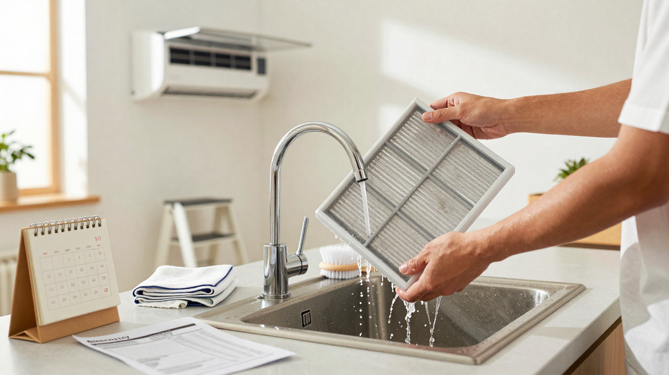 Person reinigt Luftfilter unter laufendem Wasserhahn in moderner Küche mit Klimagerät im Hintergrund.