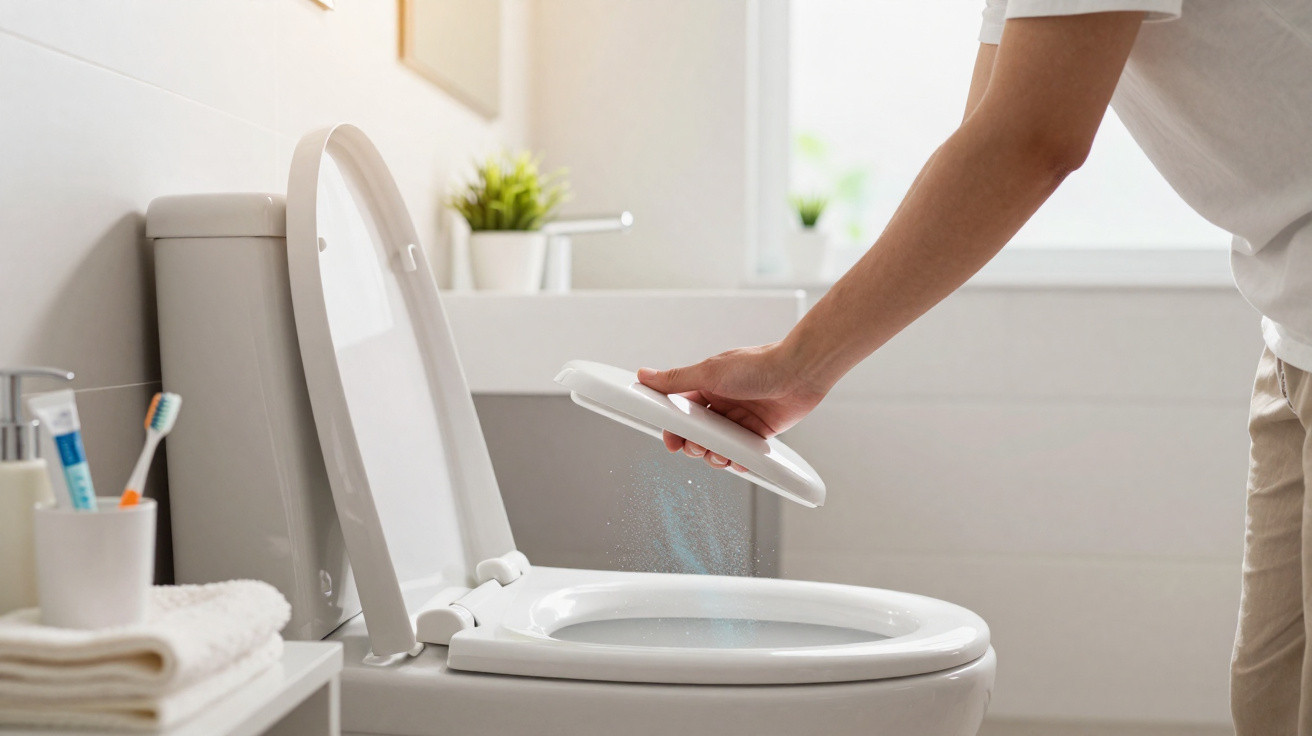Person sprüht Desinfektionsmittel auf eine weiße Toilettenschüssel im modernen Badezimmer.
