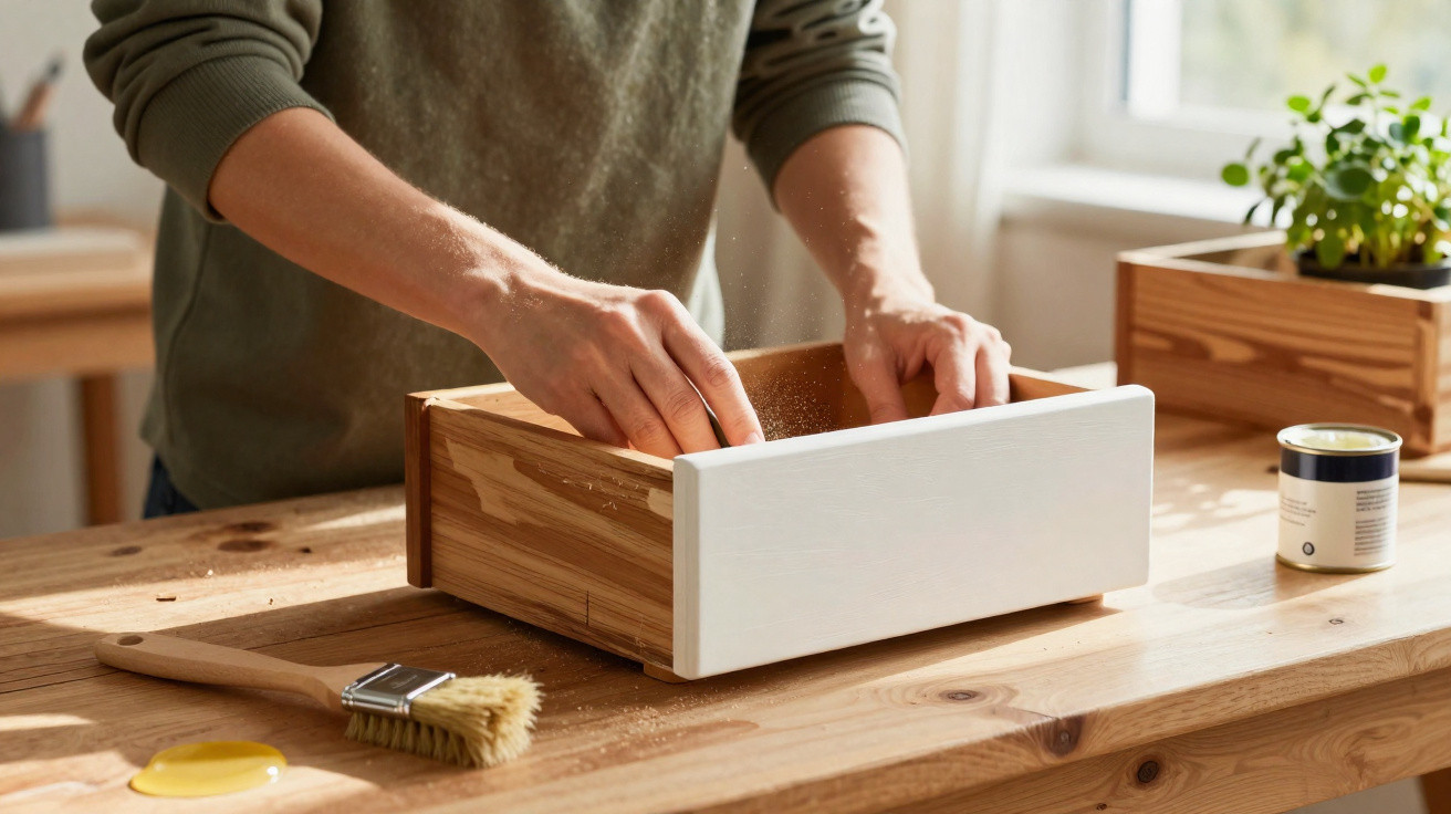 Person schleift eine Schublade aus Holz auf einem Holztisch mit Pinsel und Lackdose nebenan.